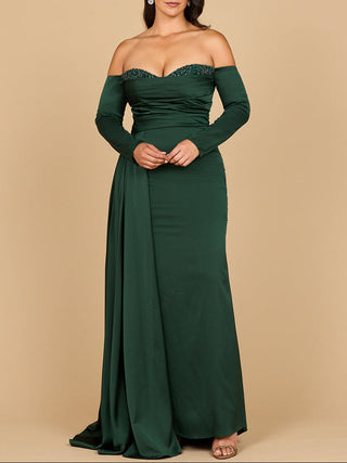 Lara 28936 - Off Shoulder Satin Dress with Beaded Details - Glamourous Grace