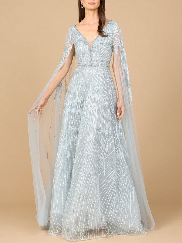 Embellished Gown with Cape Sleeves - Glamourous Grace