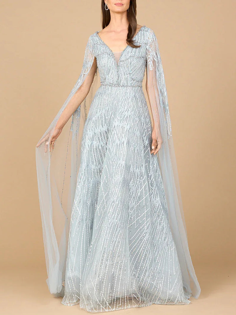 Embellished Gown with Cape Sleeves - Glamourous Grace