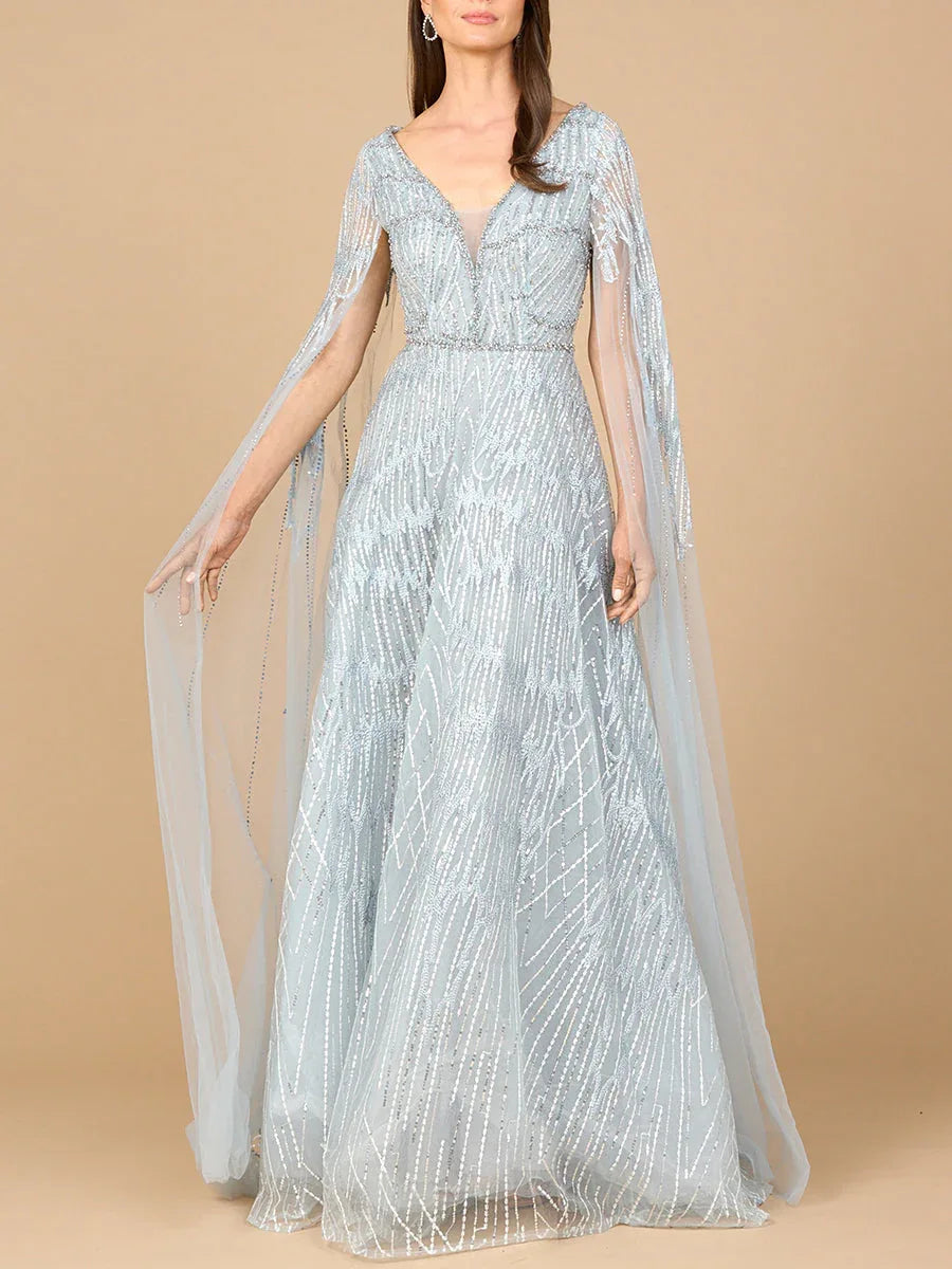 Embellished Gown with Cape Sleeves - Glamourous Grace