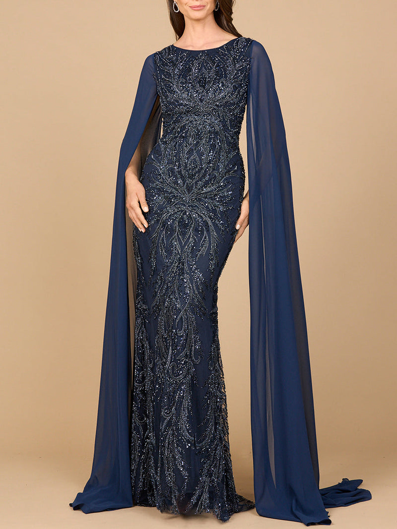 High Neck Gown with Chiffon Cape Sleeves - Glamourous Grace