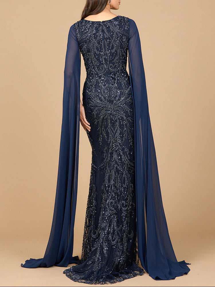 High Neck Gown with Chiffon Cape Sleeves - Glamourous Grace