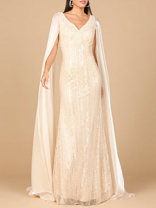 Beaded Gown with Satin Cape Sleeves - Glamourous Grace