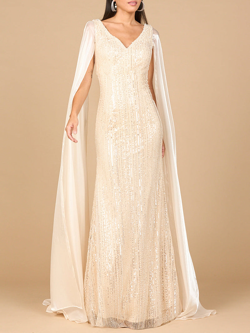 Beaded Gown with Satin Cape Sleeves - Glamourous Grace