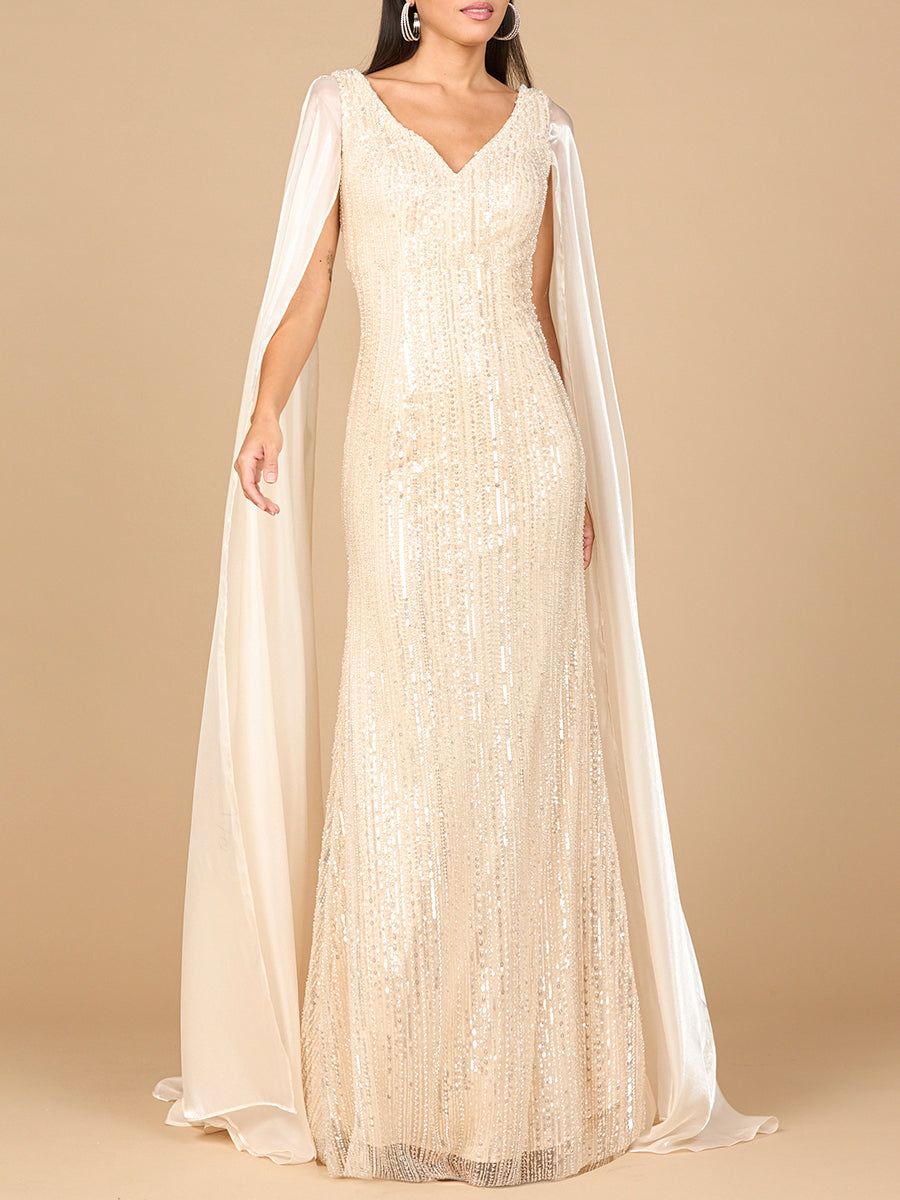 Beaded Gown with Satin Cape Sleeves - Glamourous Grace