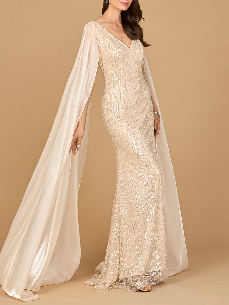 Beaded Gown with Satin Cape Sleeves - Glamourous Grace