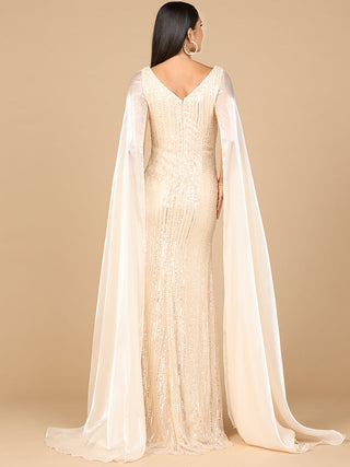 Beaded Gown with Satin Cape Sleeves - Glamourous Grace