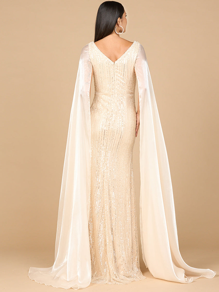 Beaded Gown with Satin Cape Sleeves - Glamourous Grace