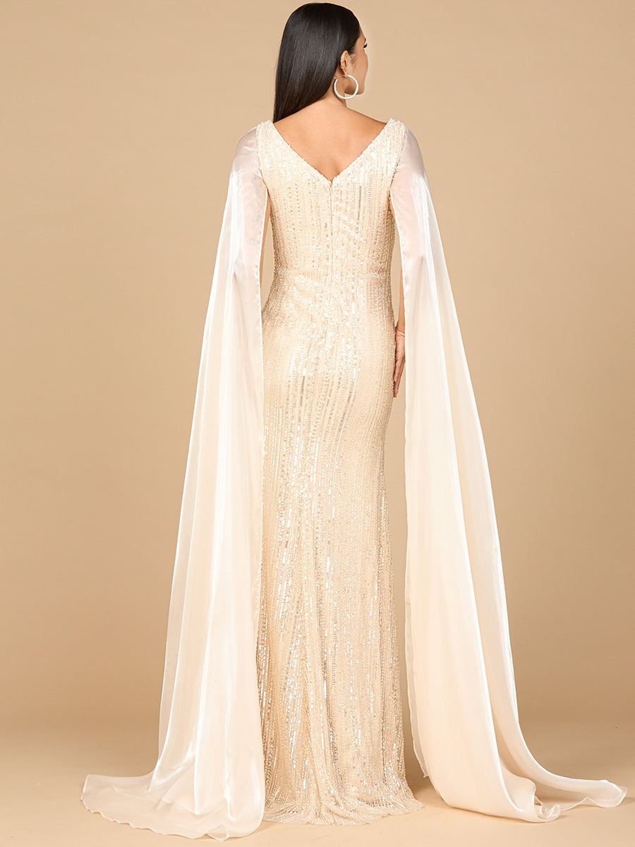 Beaded Gown with Satin Cape Sleeves - Glamourous Grace
