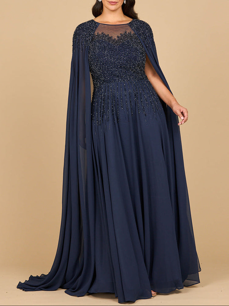 Chiffon A-line Long Gown with Long Cape Sleeves | Lara 28943 - Glamourous Grace