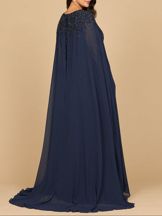 Lara 28943- Chiffon A-line Long Gown with Long Cape Sleeves - Glamourous Grace