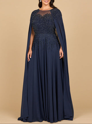 Lara 28943- Chiffon A-line Long Gown with Long Cape Sleeves - Glamourous Grace