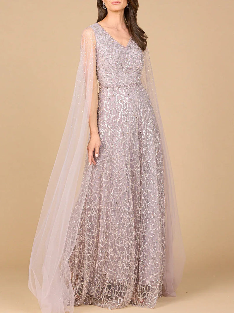 Beaded Lace Gown with Cape Sleeves - Glamourous Grace