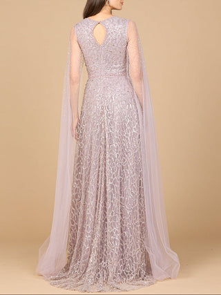Beaded Lace Gown with Cape Sleeves - Glamourous Grace