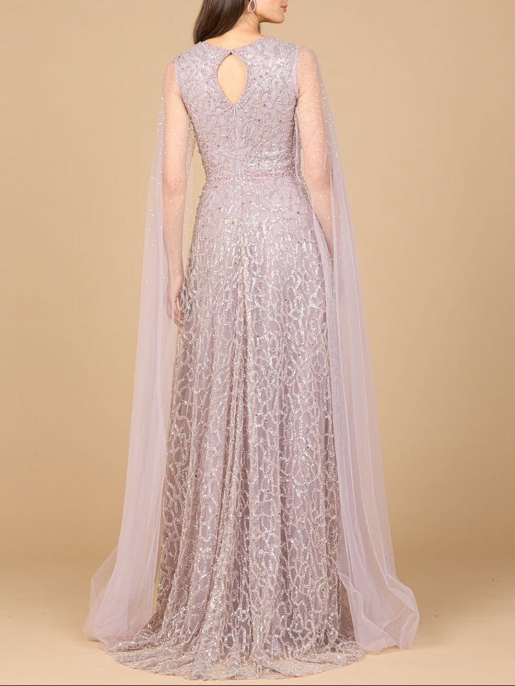 Beaded Lace Gown with Cape Sleeves - Glamourous Grace