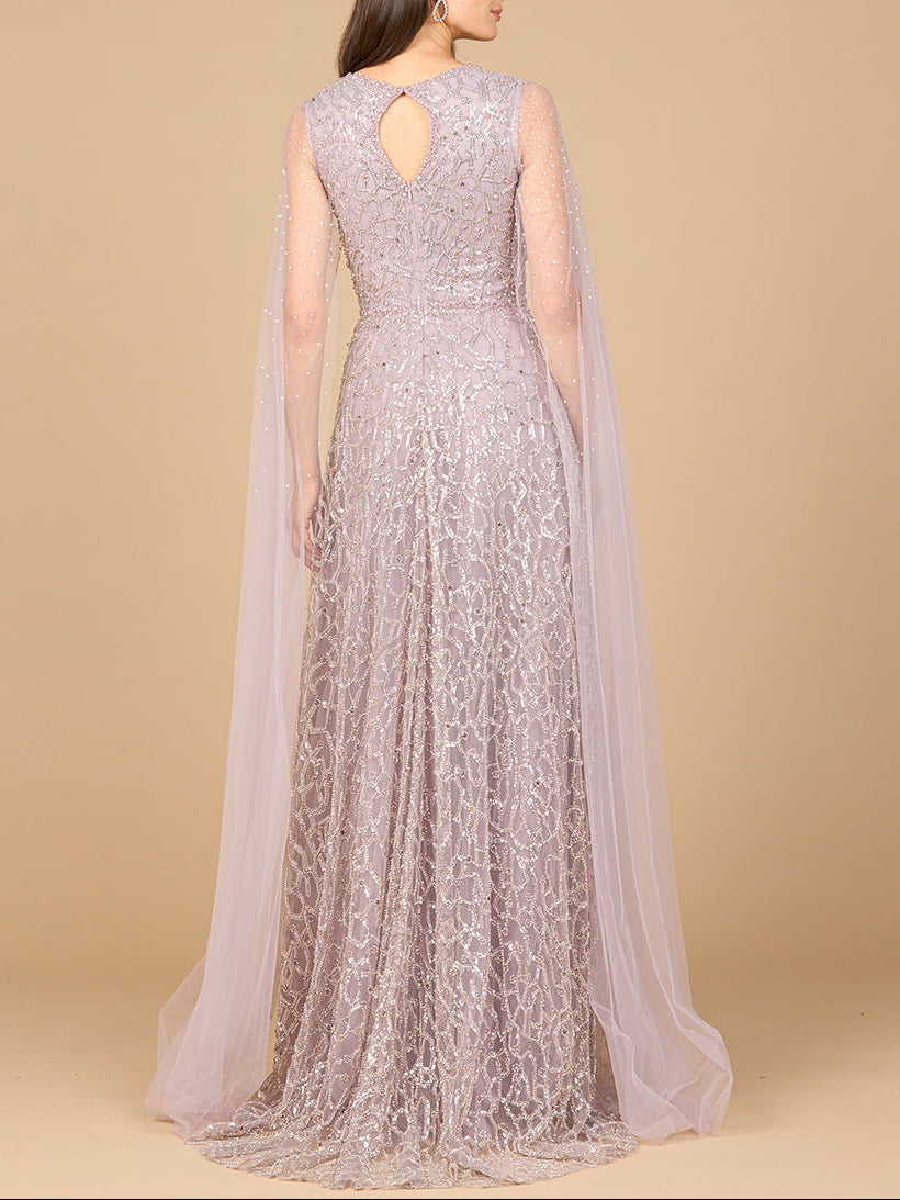 Beaded Lace Gown with Cape Sleeves - Glamourous Grace