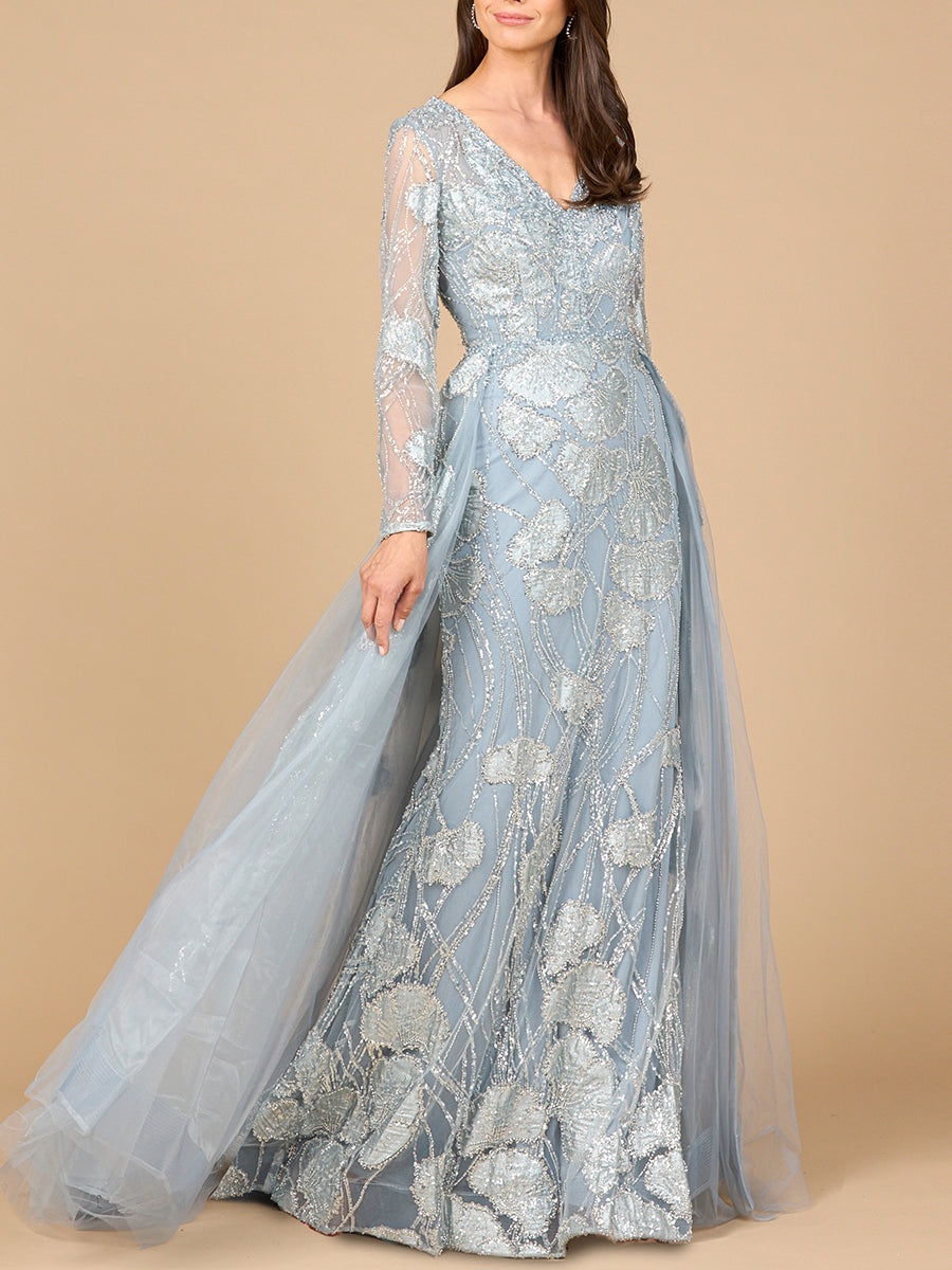 Long Sleeve Lace Gown with Overskirt - Glamourous Grace