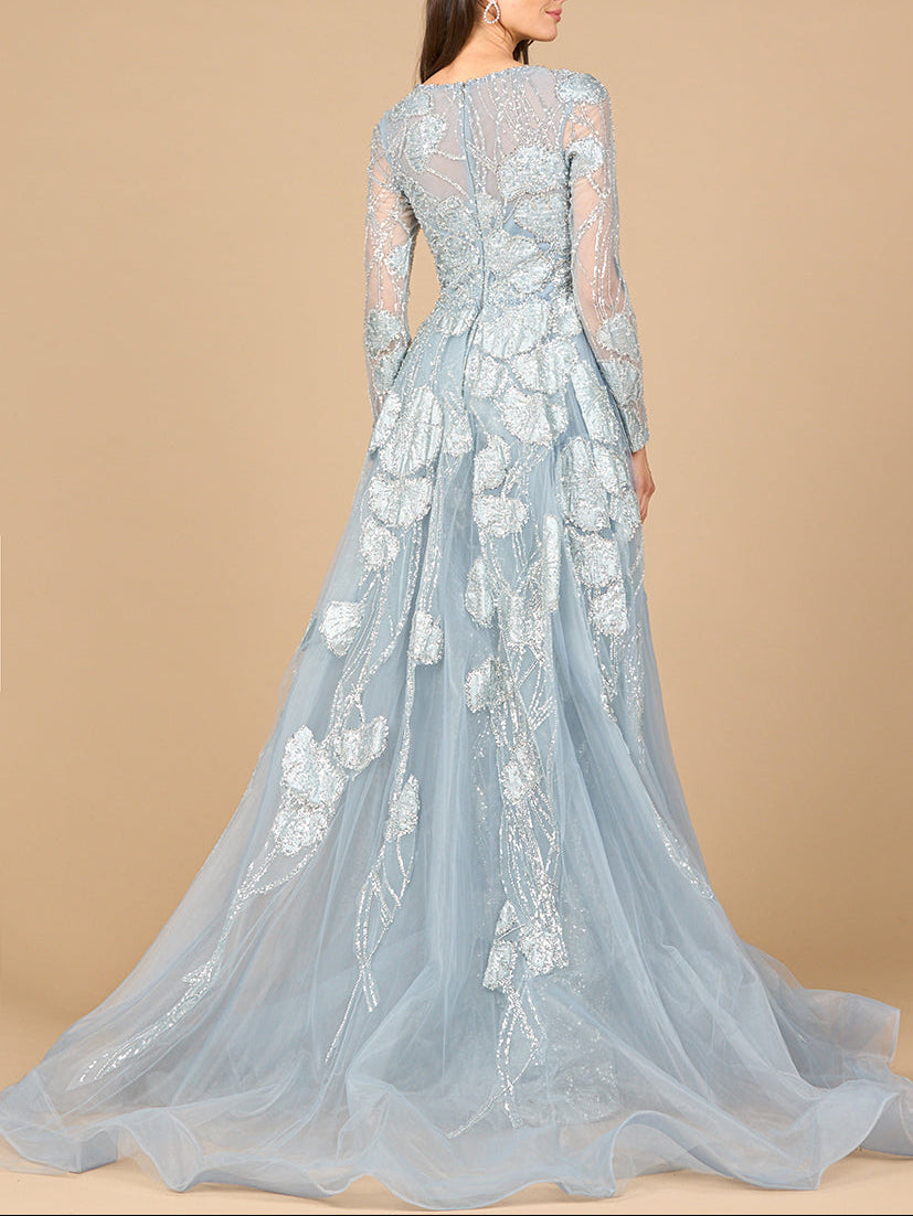 Long Sleeve Lace Gown with Overskirt - Glamourous Grace