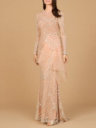 Beaded Long Sleeve Gown with Tulle Applique - Glamourous Grace