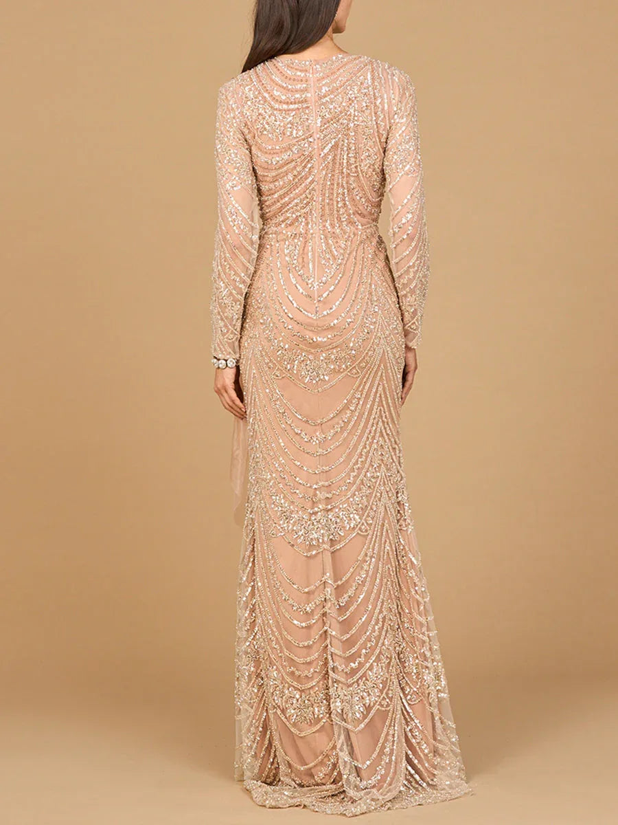 Beaded Long Sleeve Gown with Tulle Applique - Glamourous Grace