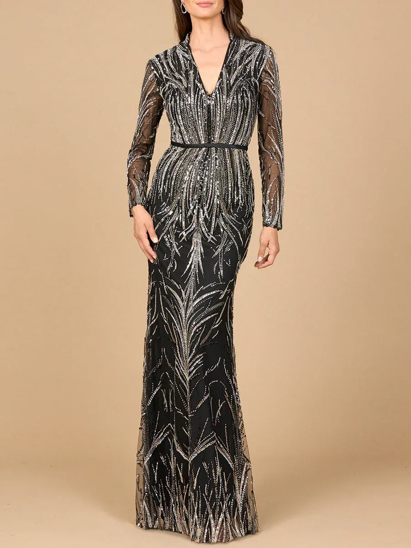 Mandarin V-Neck Gown with Long Sleeves - Glamourous Grace