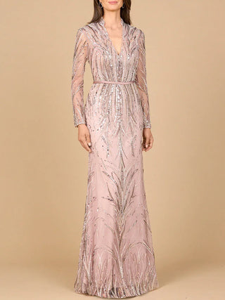 Mandarin V-Neck Gown with Long Sleeves - Glamourous Grace