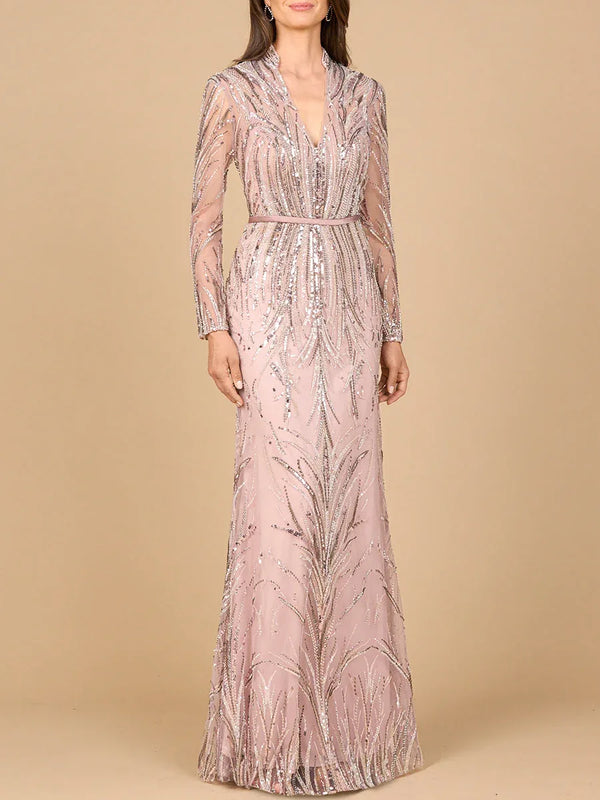 Mandarin V-Neck Gown with Long Sleeves - Glamourous Grace