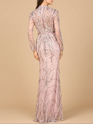 Mandarin V-Neck Gown with Long Sleeves - Glamourous Grace