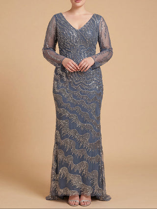 Long Sleeve V-Neck Sheath Gown | Lara 28949
