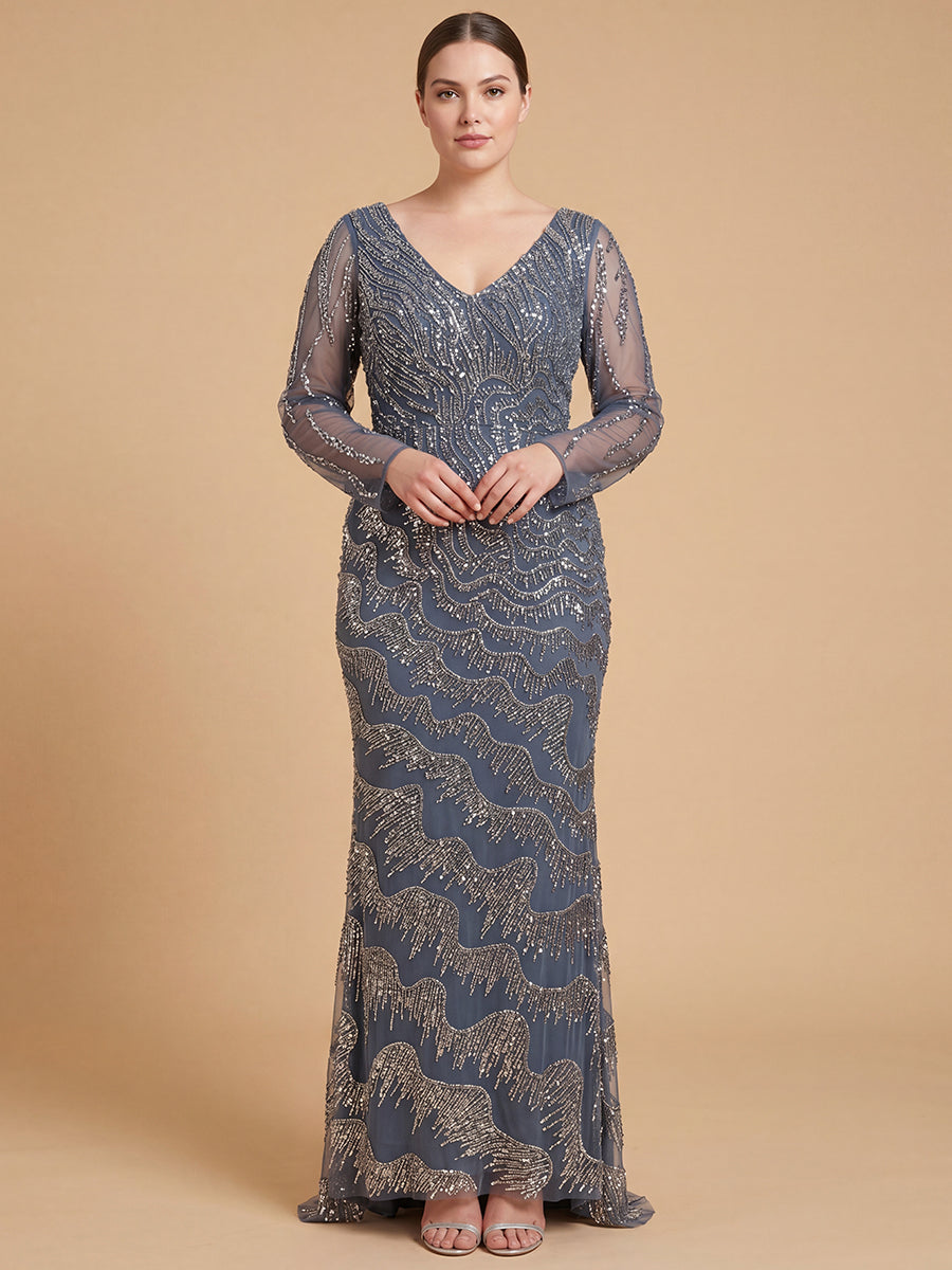 Long Sleeve V-Neck Sheath Gown | Lara 28949