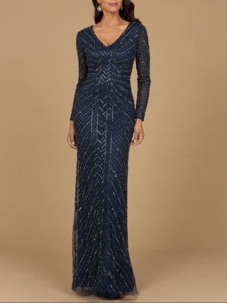 Long Sleeve Linear Focus Beaded Gown - Glamourous Grace