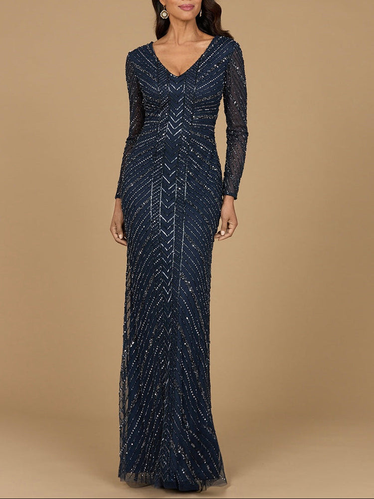 Long Sleeve Linear Focus Beaded Gown - Glamourous Grace