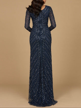 Long Sleeve Linear Focus Beaded Gown - Glamourous Grace