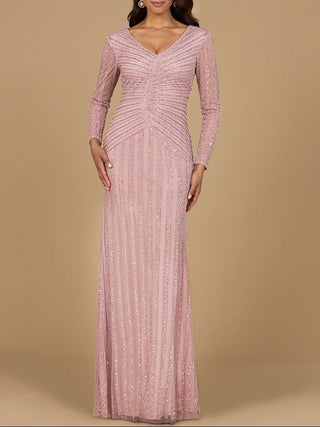 Long Sleeve Linear Beaded Gown - Glamourous Grace