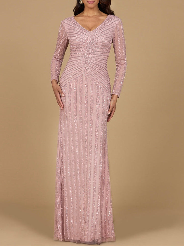 Long Sleeve Linear Beaded Gown - Glamourous Grace