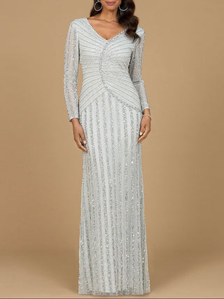 Long Sleeve Linear Beaded Gown - Glamourous Grace