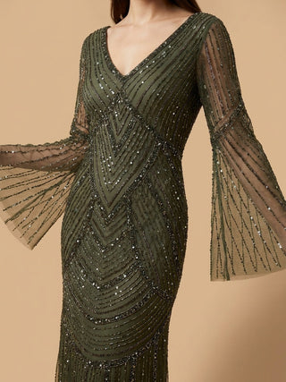 Long Sleeve Beaded Gown with Trumpet Sleeves - Glamourous Grace