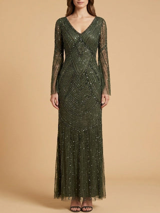 Long Sleeve Beaded Gown with Trumpet Sleeves - Glamourous Grace