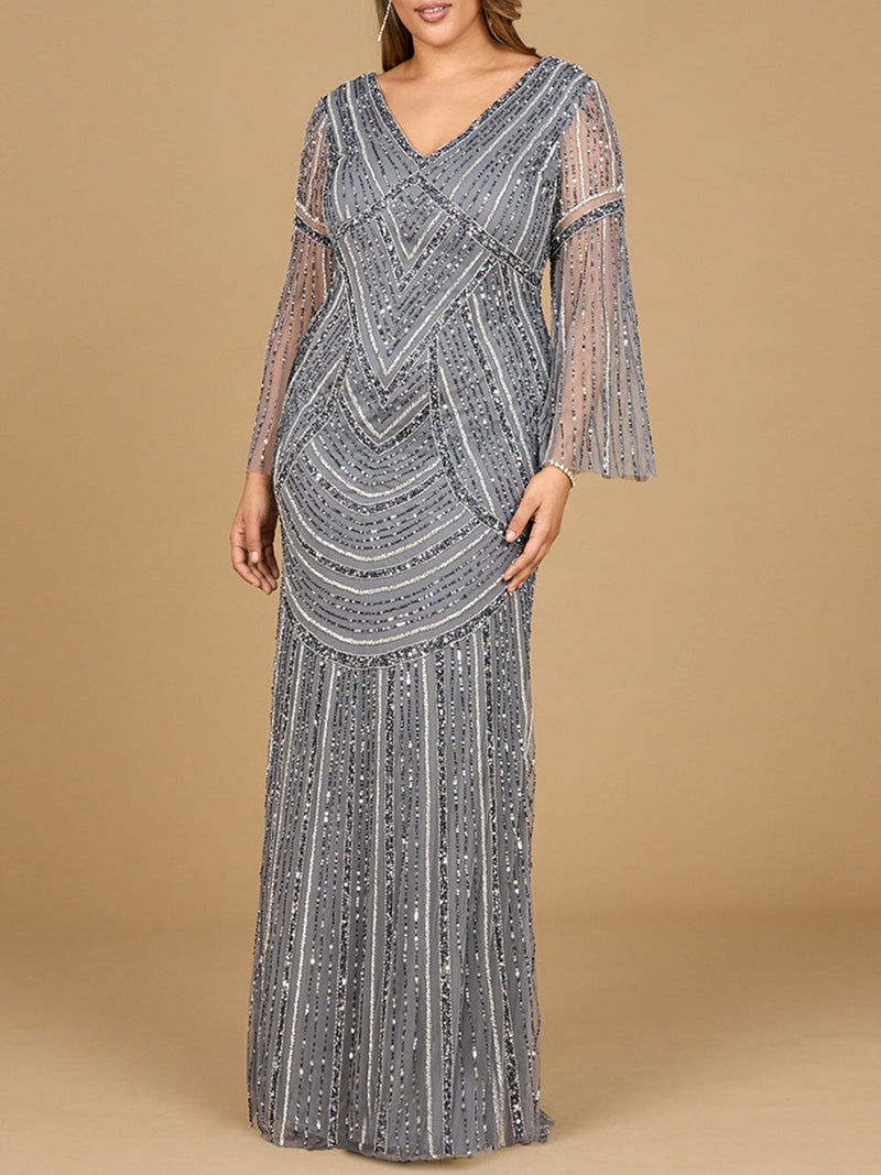 Long Sleeve Beaded Gown with Trumpet Sleeves - Glamourous Grace