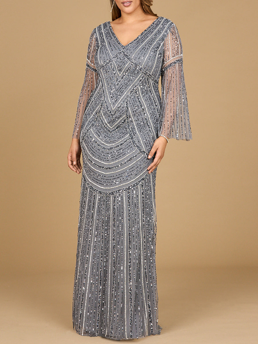 Long Sleeve Beaded Gown with Trumpet Sleeves - Glamourous Grace
