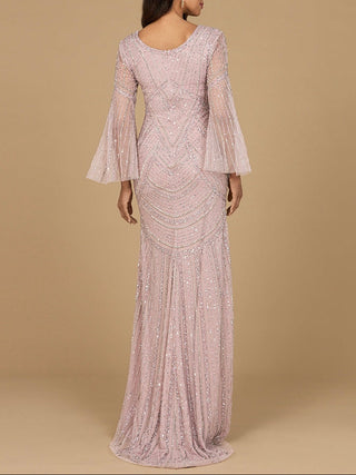 Long Sleeve Beaded Gown with Trumpet Sleeves - Glamourous Grace