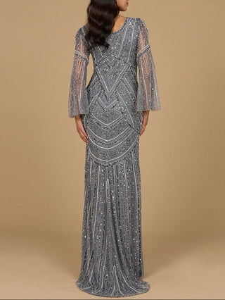 Long Sleeve Beaded Gown with Trumpet Sleeves - Glamourous Grace