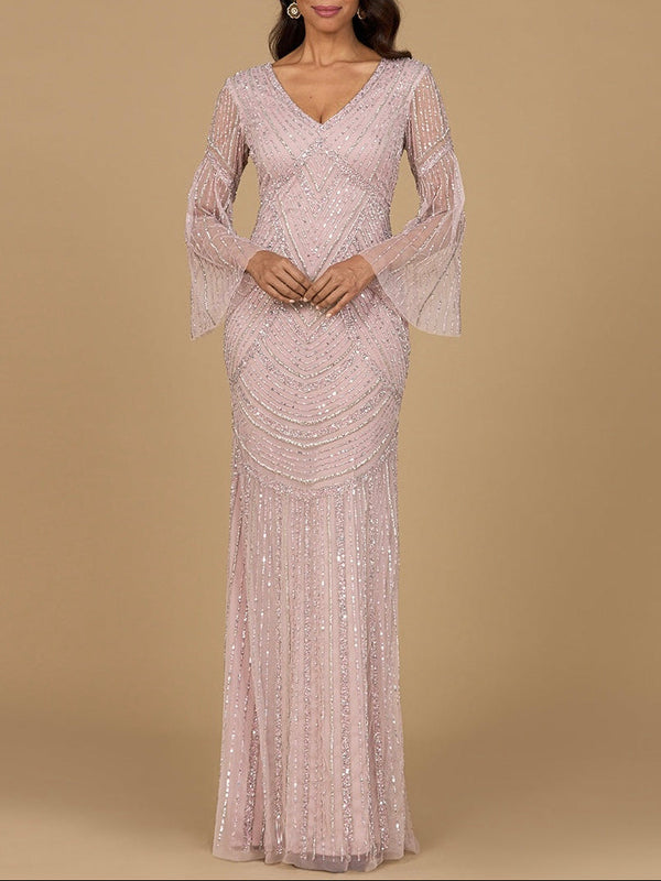 Long Sleeve Beaded Gown with Trumpet Sleeves - Glamourous Grace