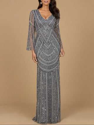 Long Sleeve Beaded Gown with Trumpet Sleeves - Glamourous Grace