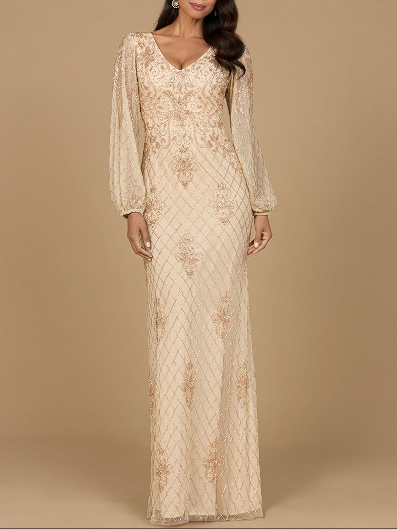 Long Sleeve Beaded Gown with Bishop Sleeves - Glamourous Grace