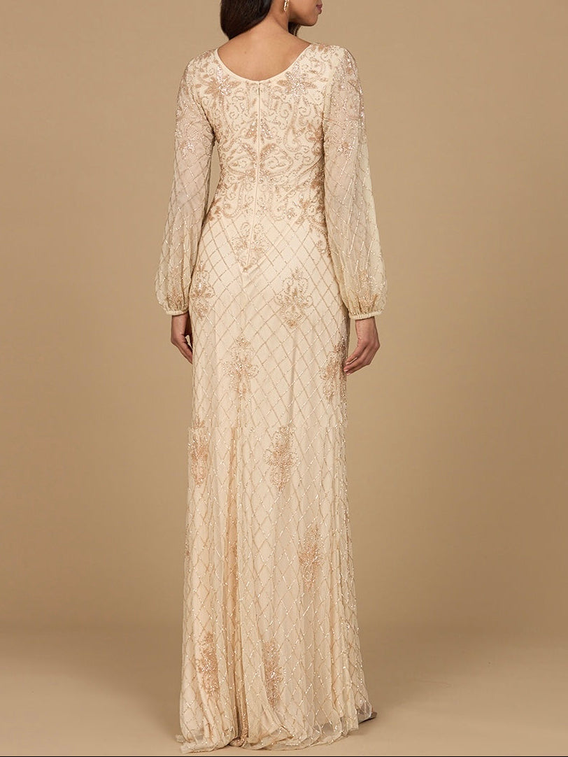 Long Sleeve Beaded Gown with Bishop Sleeves - Glamourous Grace