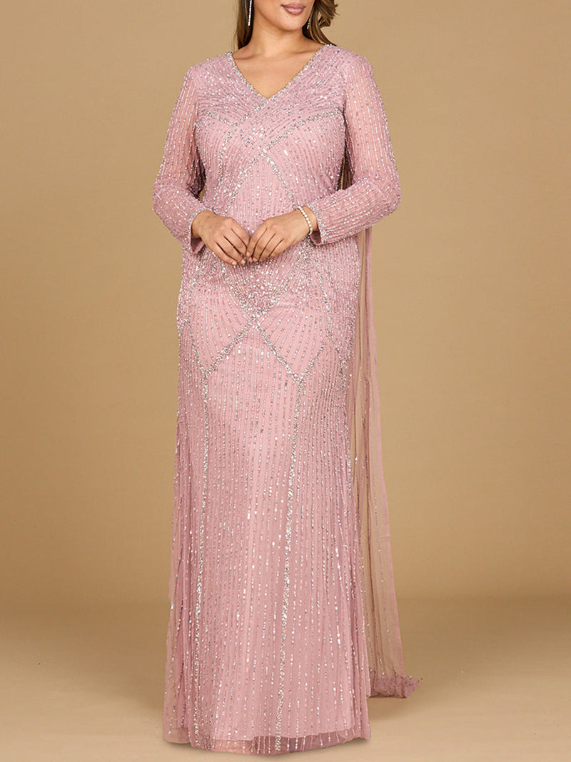 Long Sleeve Beaded Gown with Cape - Glamourous Grace
