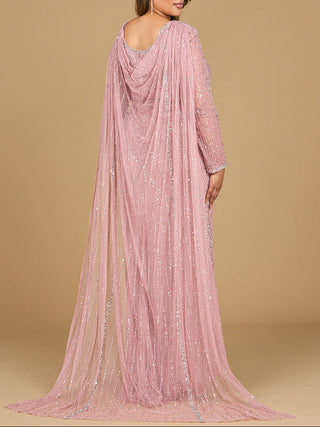 Long Sleeve Beaded Gown with Cape - Glamourous Grace