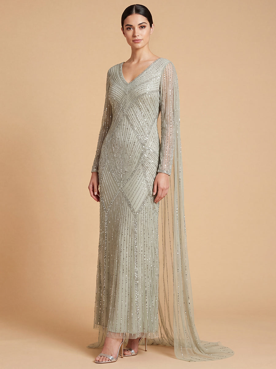 Long Sleeve Beaded Gown with Cape - Glamourous Grace