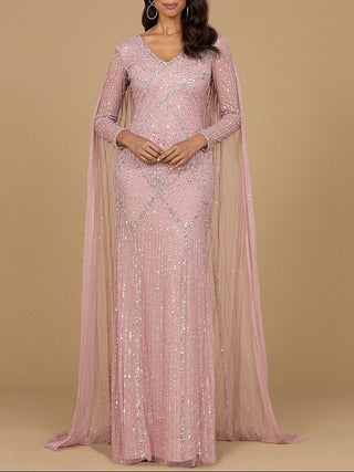 Long Sleeve Beaded Gown with Cape - Glamourous Grace
